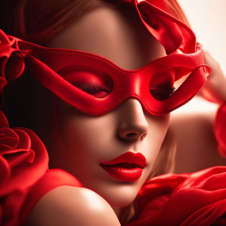 Woman in Red Lipstick Wearing Red Mask Surrounded by Fabric