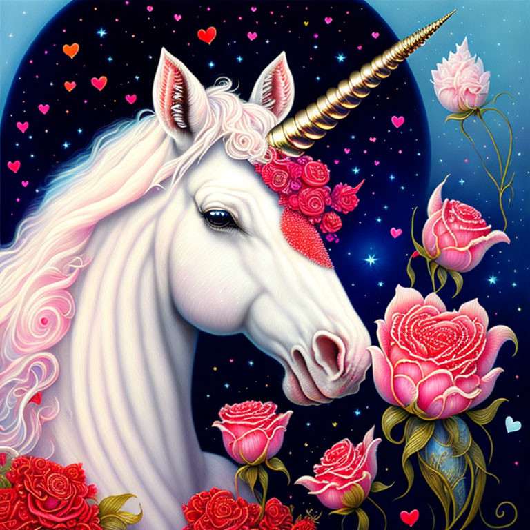 White Unicorn with Golden Horn and Pink Roses on Starry Night Sky