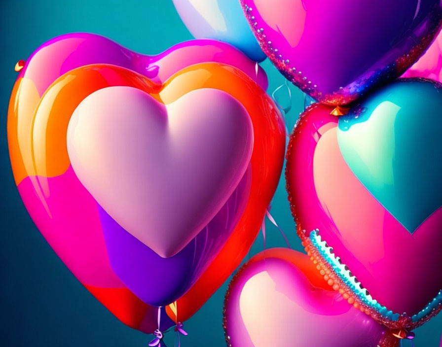 Colorful Heart-Shaped Balloons in Pink, Red, and Blue on Teal Background