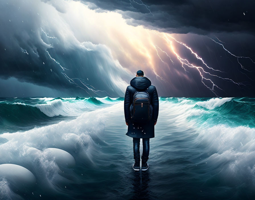 Person facing turbulent ocean waves in dramatic storm with lightning