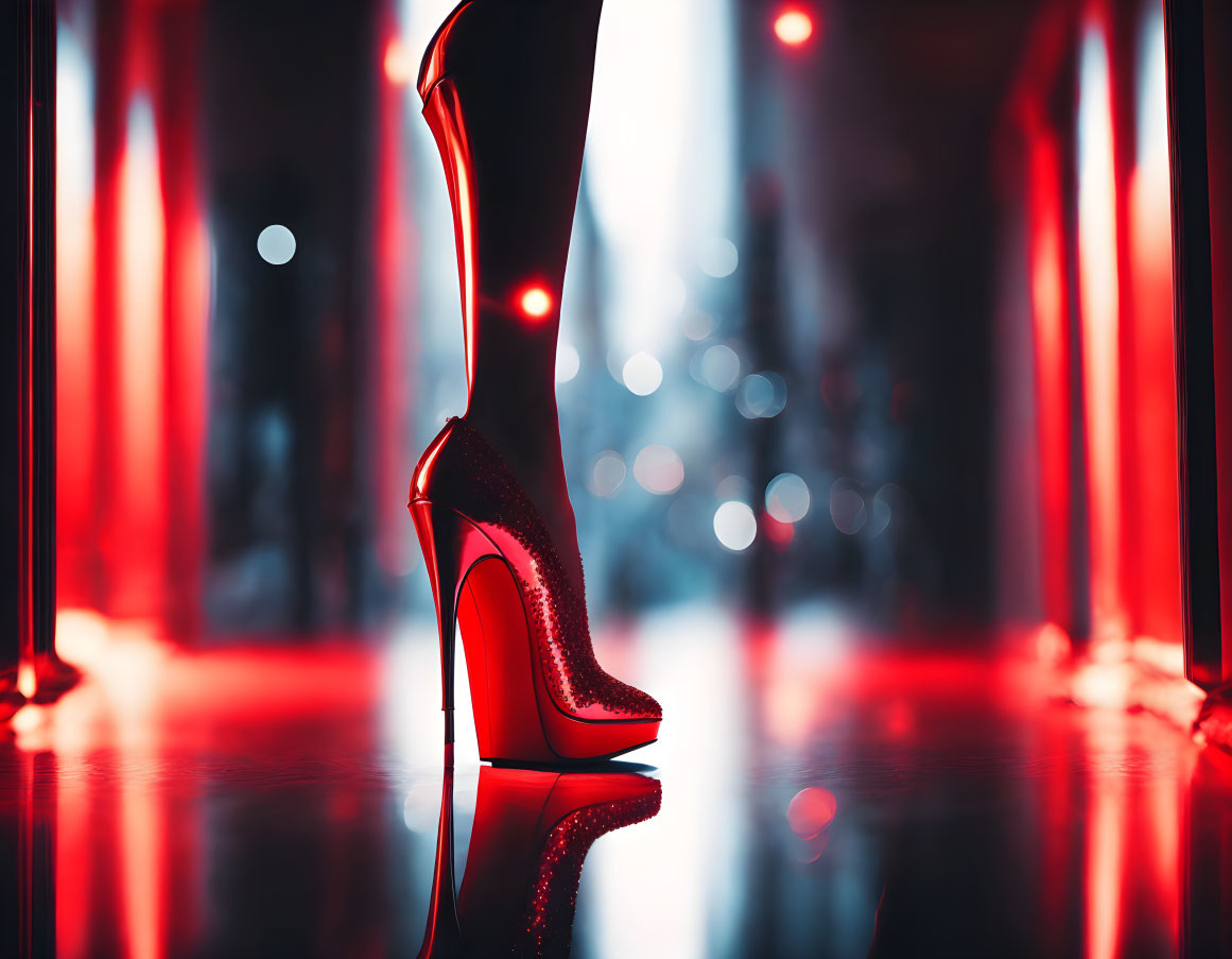 Dramatic red-lit high-heeled shoe on reflective surface