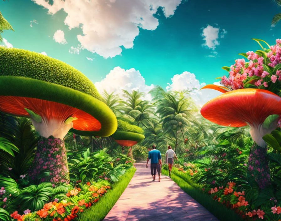 Colorful Mushroom Landscape with Walking Path Exploration
