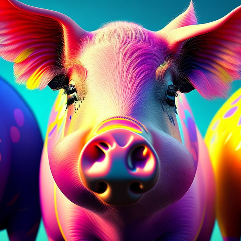 Colorful Stylized Pink Pig Artwork with Exaggerated Features