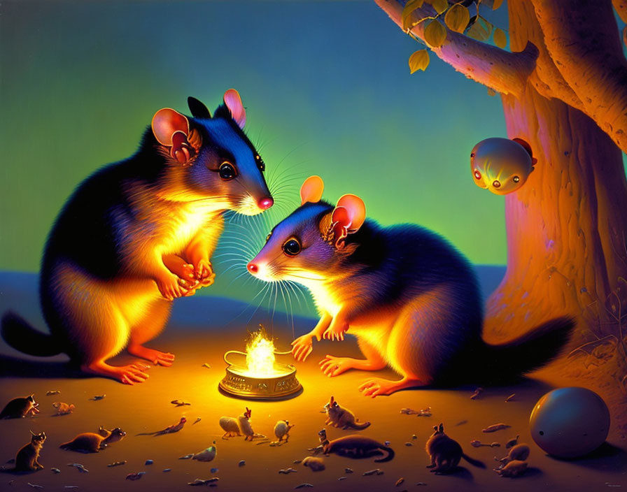 Animated mice with glowing eyes warming hands over flame in surreal nocturnal scene