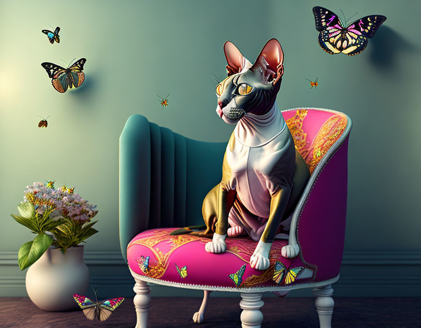 Hairless Cat on Colorful Sofa with Flowers and Butterflies in Green Room