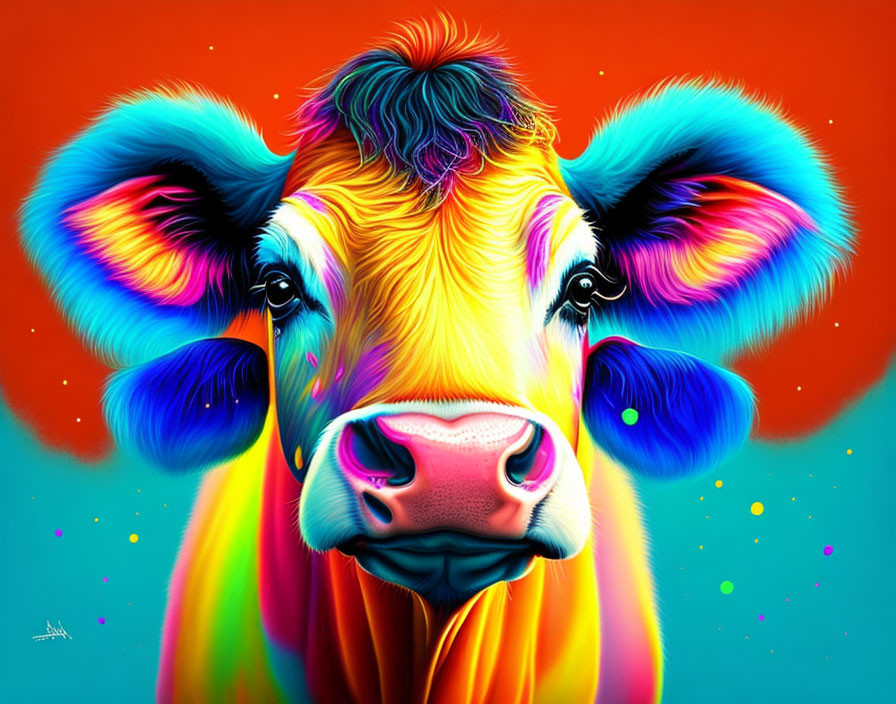 Colorful Stylized Cow Artwork with Neon Hues on Teal Background