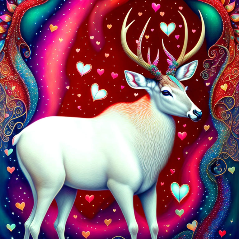 Colorful cosmic illustration of a white deer with golden antlers and hearts.