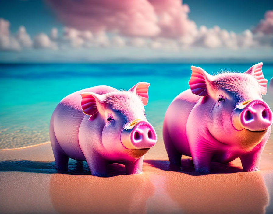 Pink piggy banks on sandy beach with blue water and sunny sky.