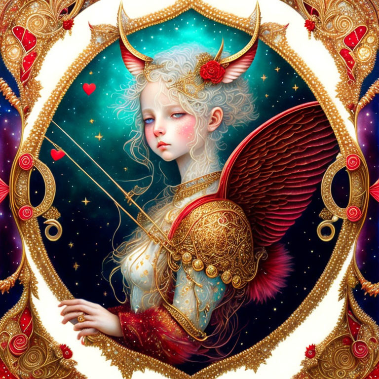 Fantasy illustration of character with horns, winged helmet, and ornate armor