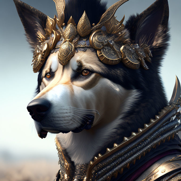 Regal Husky with Golden Headdress and Armor Portrait