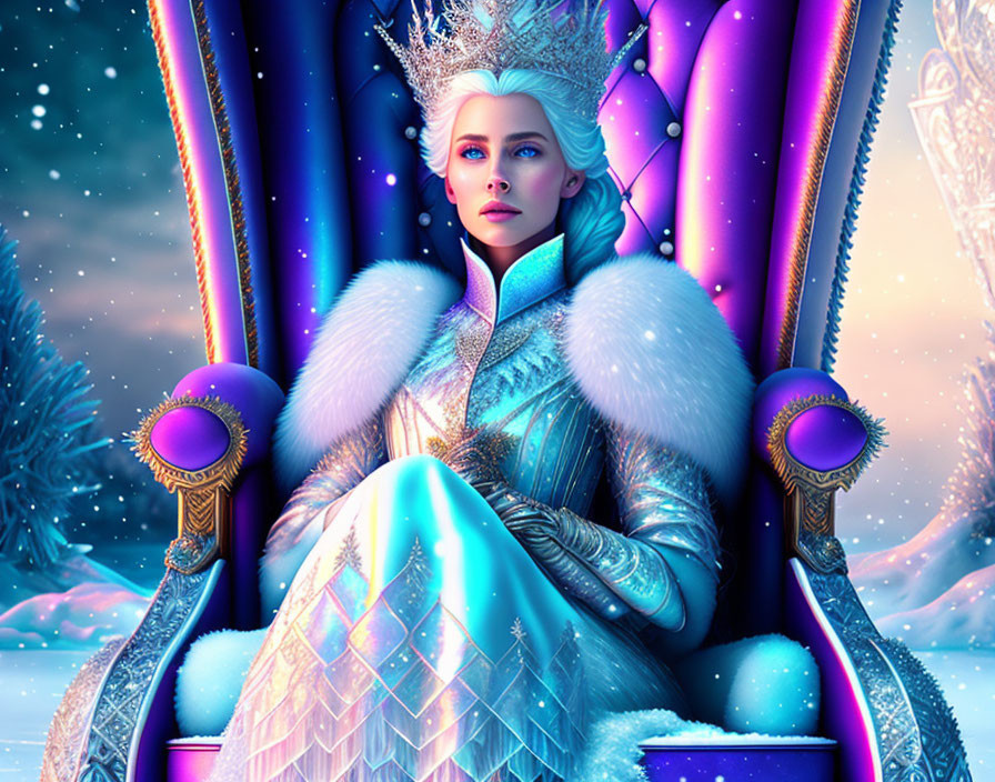 Stylized fantasy art: regal figure on icy throne