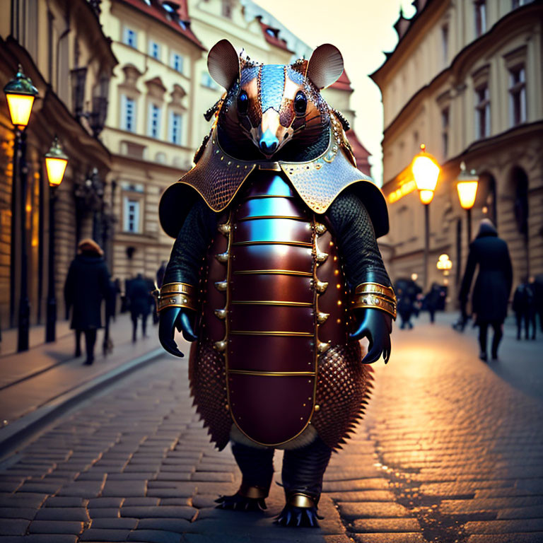 Person in Armadillo Costume with Medieval Armor Detailing on Cobblestone Street
