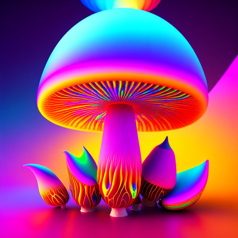 Colorful Stylized Mushroom Art on Neon Gradient Background
