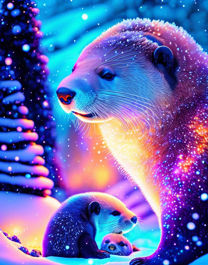 Otters with snow