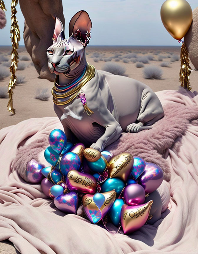 Surreal sphynx cat with human-like body surrounded by balloons and jewelry