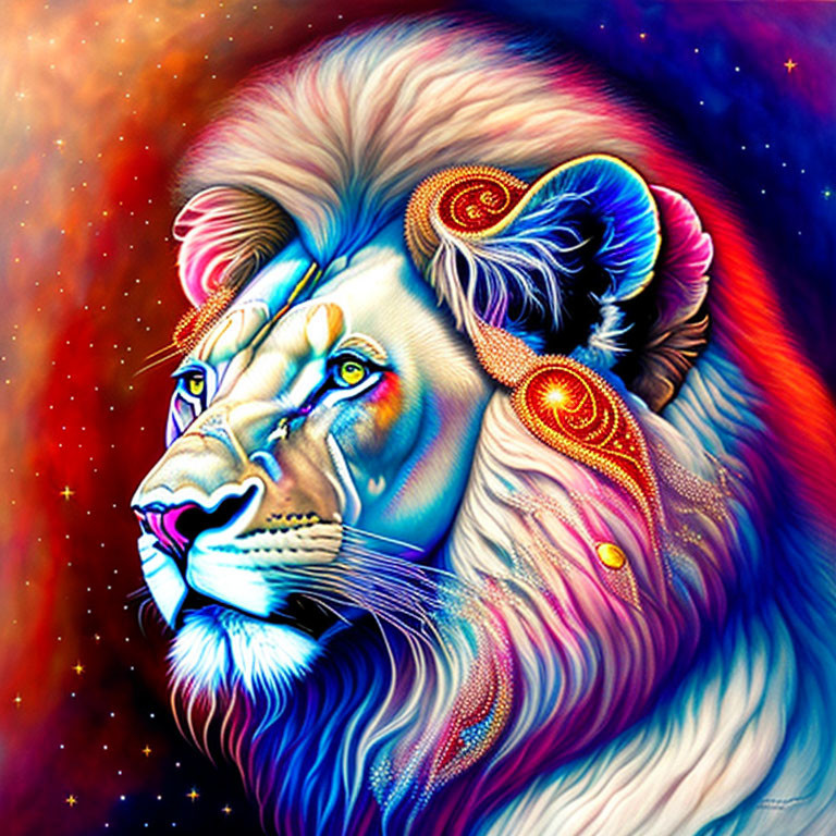 Colorful Lion Head Illustration with Cosmic Background & Intricate Patterns