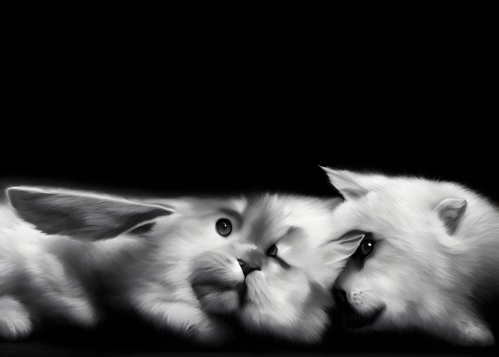 Three Monochrome Kittens Cuddling on Black Background