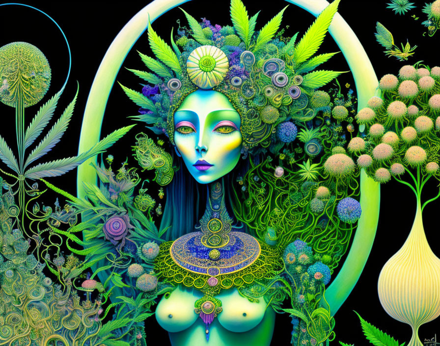 Colorful digital artwork: stylized female figure with plant-like features and mystical aura on dark background