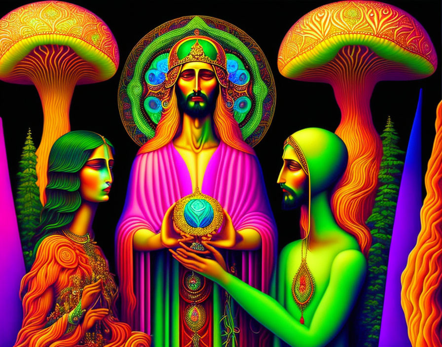 Colorful Psychedelic Artwork with Figures and Mushrooms