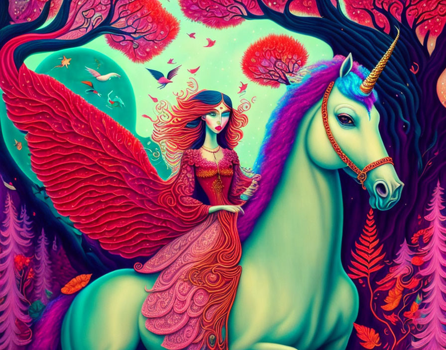 Colorful Illustration: Woman with Wings and Unicorn in Fantasy Forest