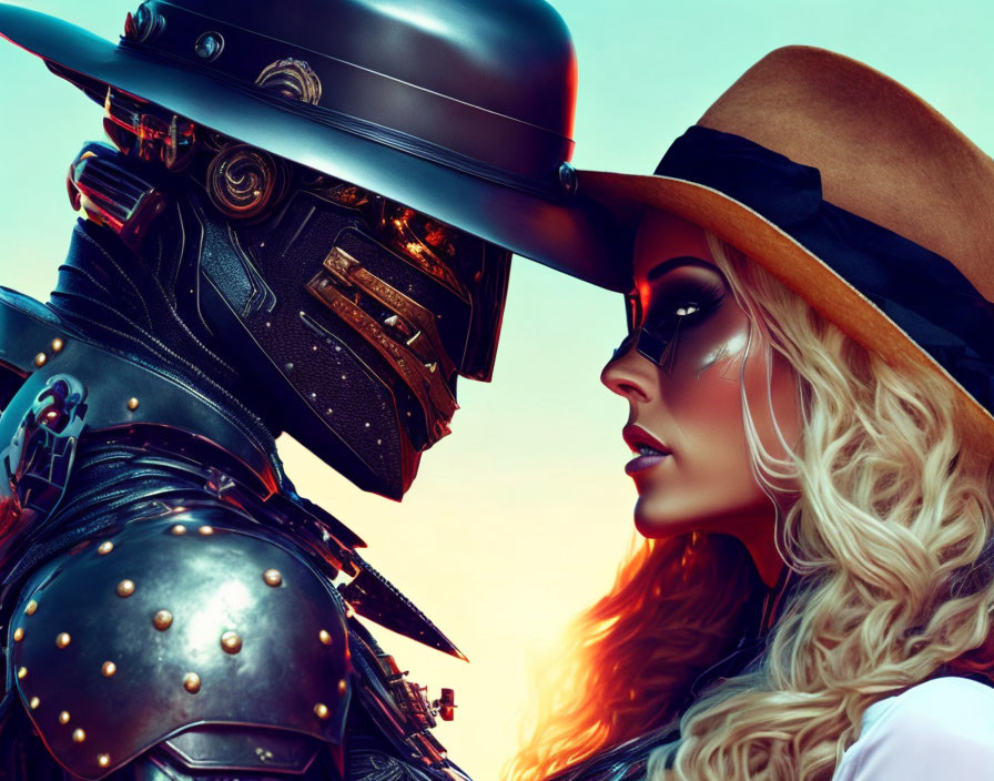 Futuristic robot and woman in cowboy hat with glowing eyes on blue background
