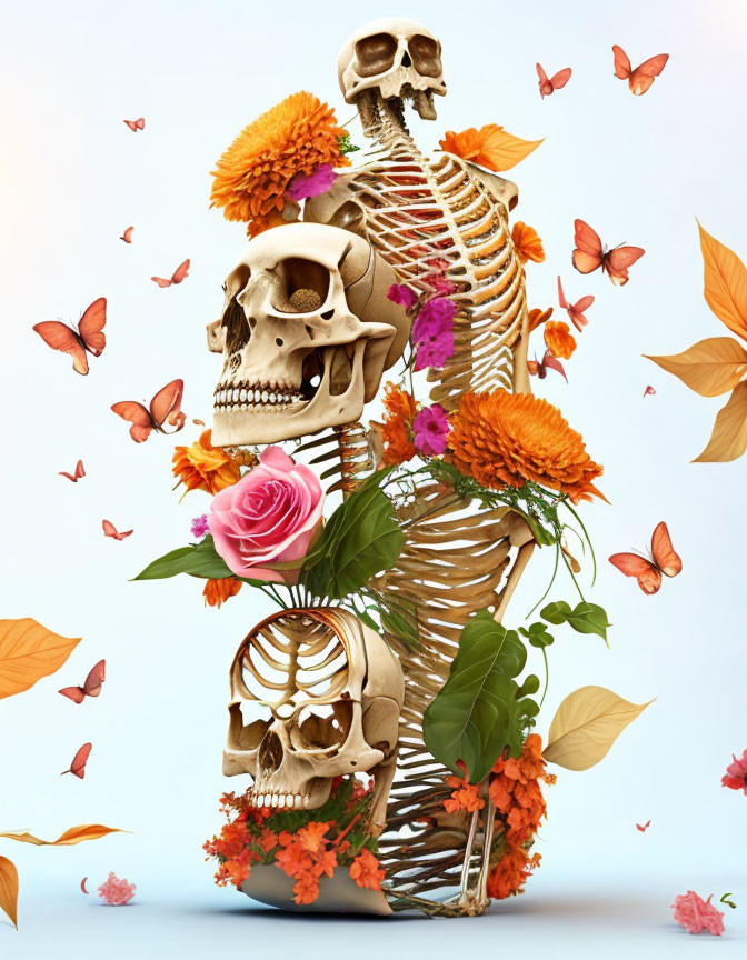 Colorful Flower Adorned Human Skeleton Surrounded by Butterflies