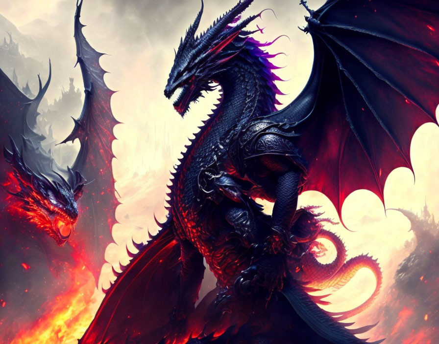 Black dragon with expansive wings and sharp horns against crimson clouds
