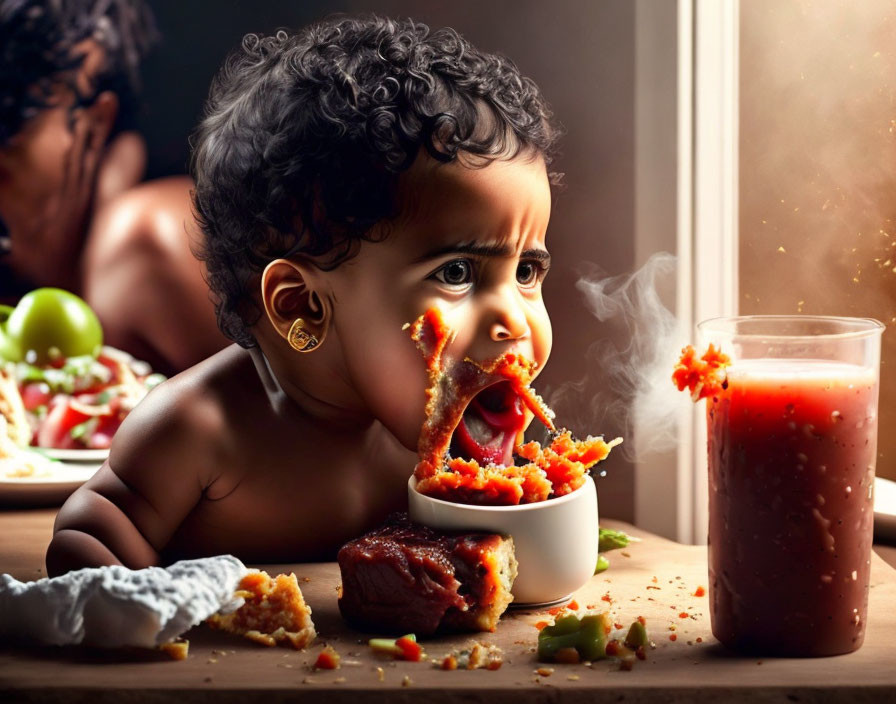 Surprised Baby Breathing Fire Beside Messy Table