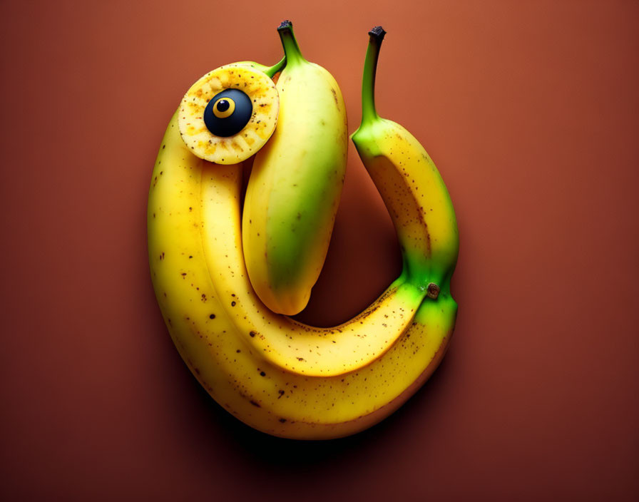Bananas arranged as bird with artificial eye on brown background