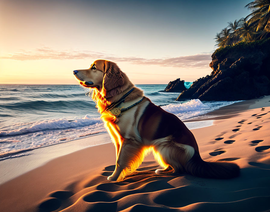 Golden retriever on sandy beach at sunset with ocean waves and footprints