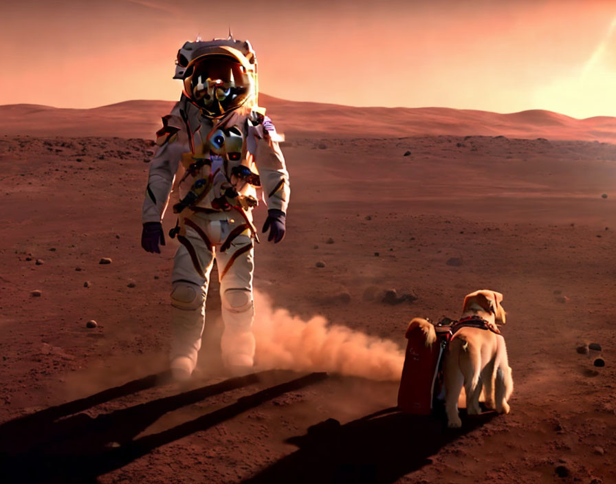 Astronaut with Dog on Leash on Mars-Like Surface