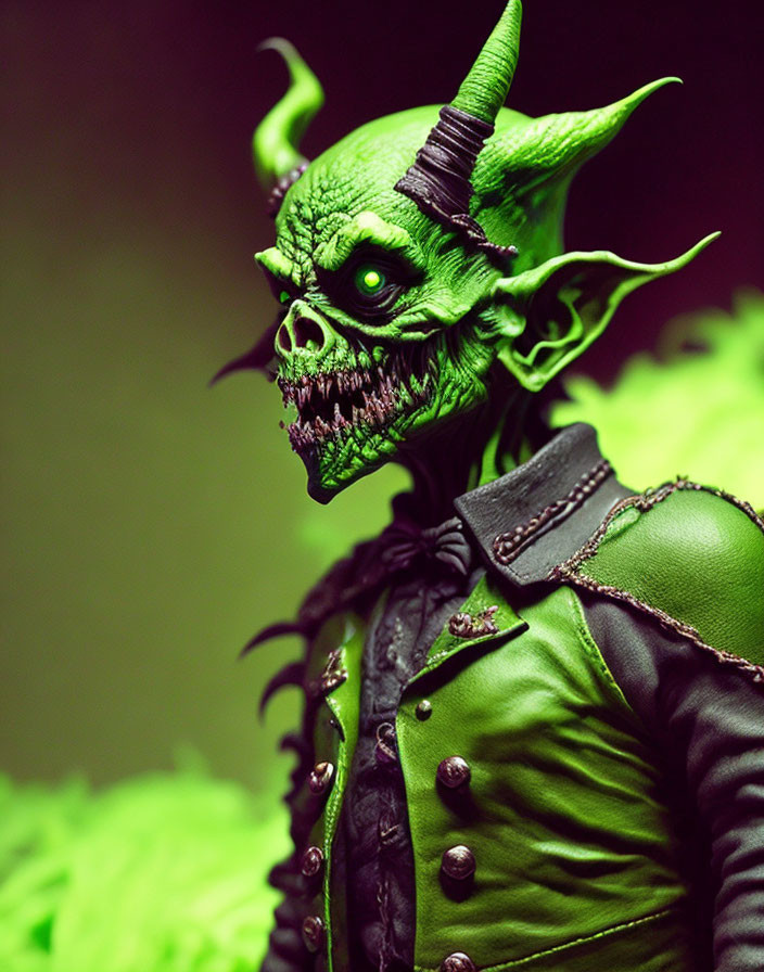 Green-skinned demonic character with horns and skull-like face in studded jacket on green backdrop
