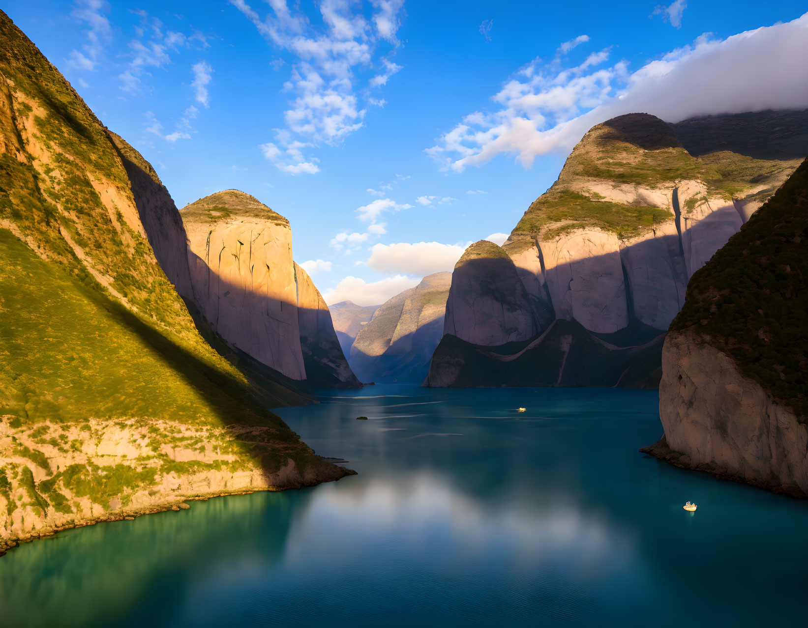 Tranquil Lake Scene with Boats, Cliffs, and Blue Sky