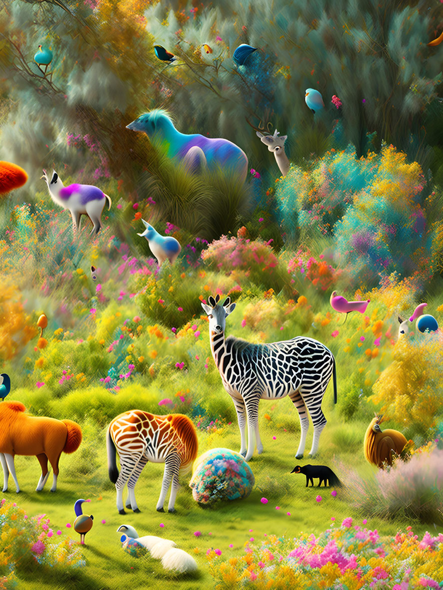 Colorful Forest Scene with Whimsical Creatures and Surreal Animals