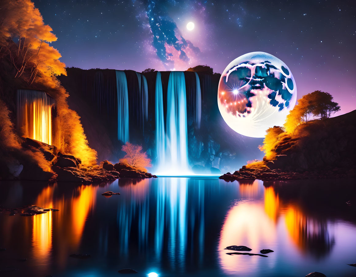 Nighttime landscape with glowing waterfall, serene lake, vivid foliage, and ethereal moon.