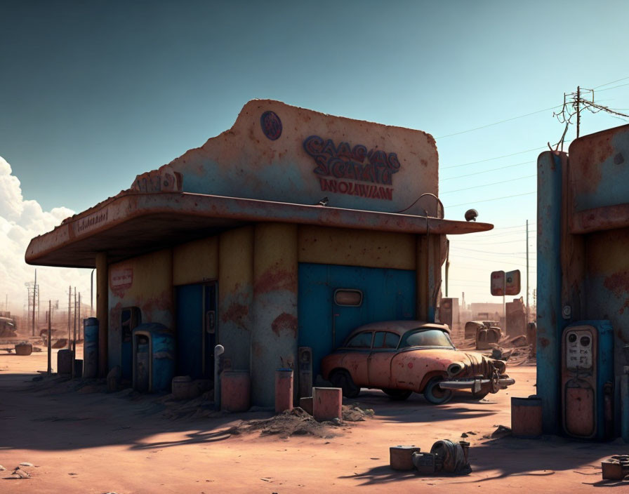 a broken down gas station in a dusty town in the m