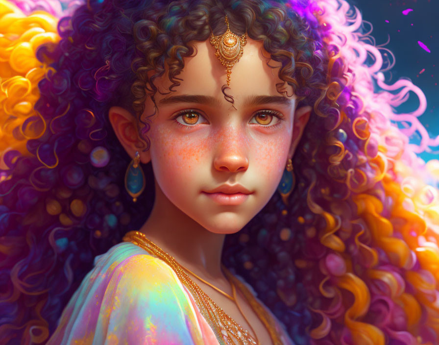 Multicolored Curly Hair Girl in Pastel Outfit with Reflective Eyes