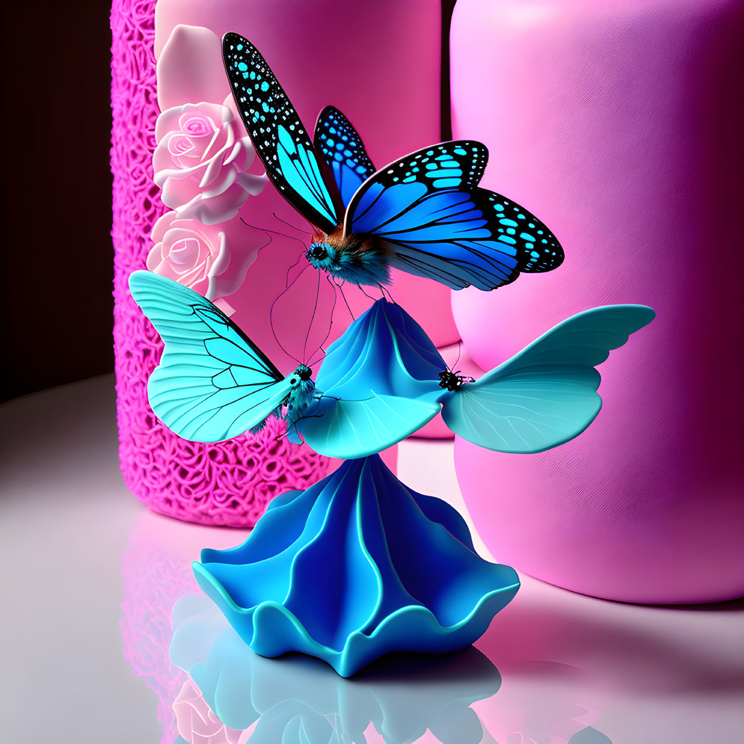 Three Vibrant Blue Butterflies on Sculpted Blue Cloth with Pink Textured Background