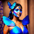 Woman with blue butterfly makeup and jewel adornments surrounded by vivid butterflies on warm backdrop