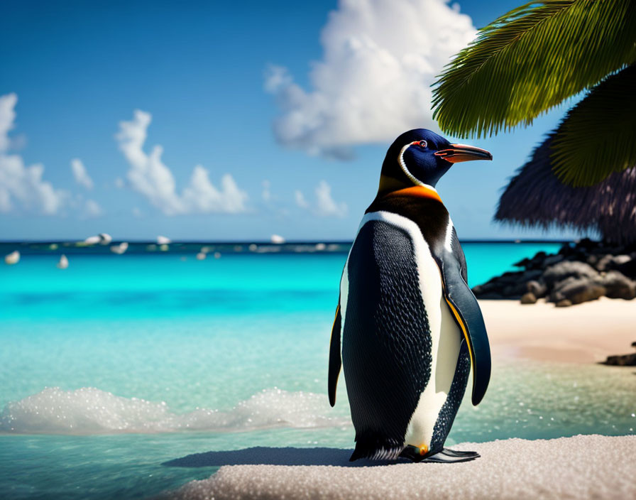 Penguin on Sandy Tropical Beach with Clear Blue Water