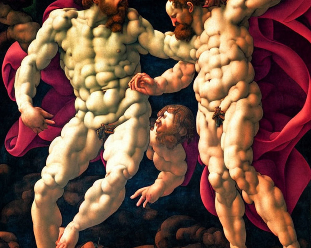 Renaissance painting of three muscular men in dynamic poses