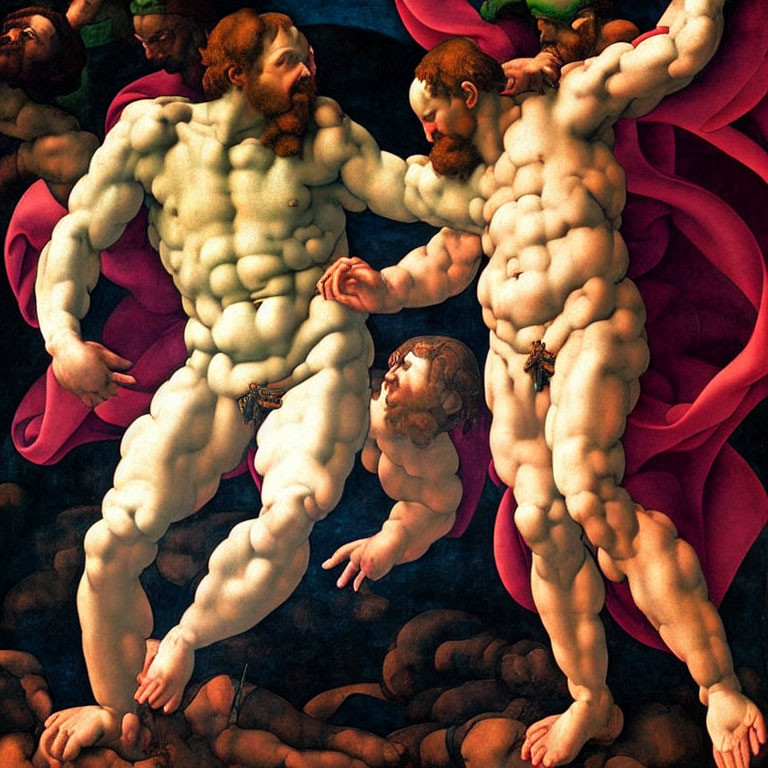 Renaissance painting of three muscular men in dynamic poses