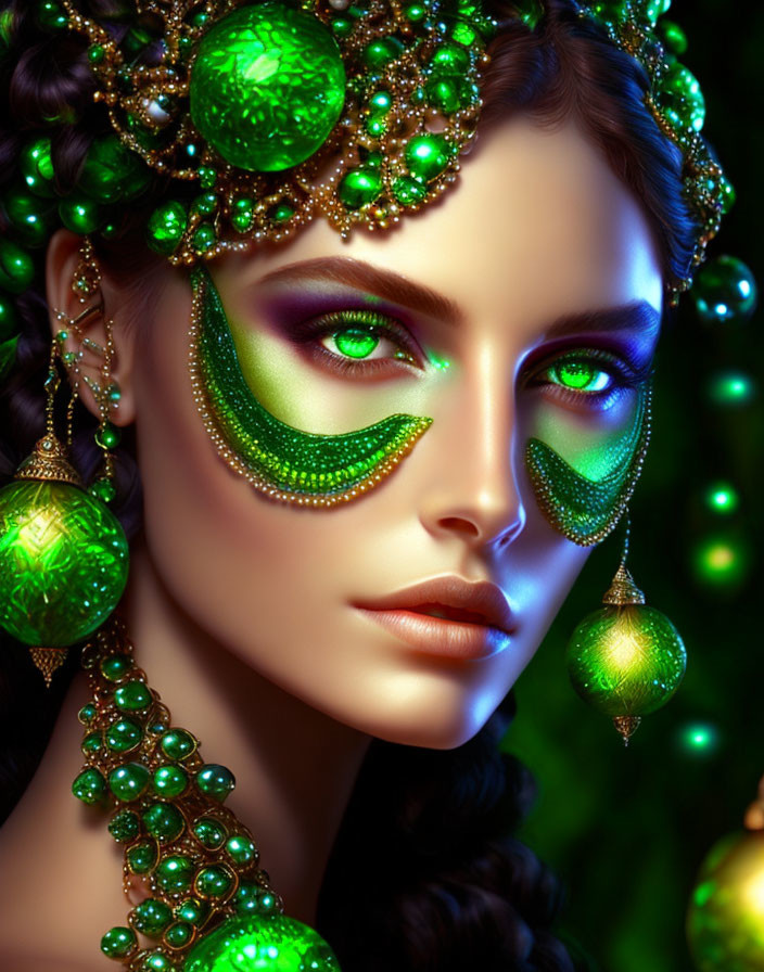Portrait of Woman with Vibrant Green Makeup and Christmas-Inspired Jewelry