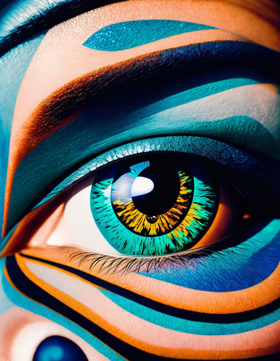 Close-up shot of vibrant eye makeup in blue and orange hues