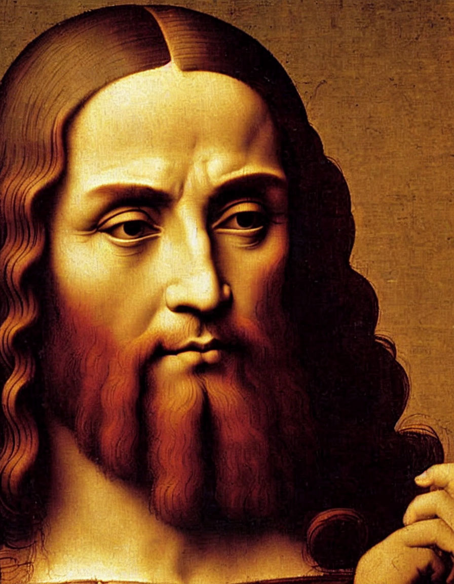 Classical painting: Man with long brown hair and beard, serene expression