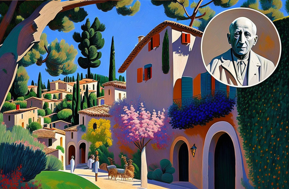 Colorful Mediterranean village painting with trees, houses, flowers, and people, featuring a man's portrait