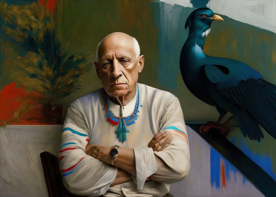 Elderly man with crossed arms next to bluebird painting in white shirt