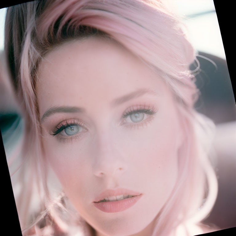 Portrait of woman with pink-tinged blonde hair and blue eyes in soft focus.