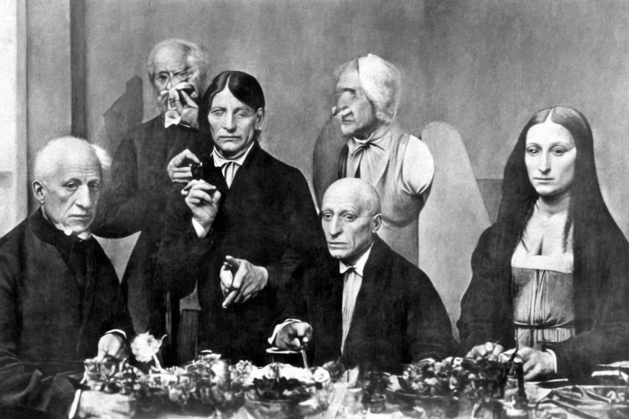 Monochrome photo of seven historical figures at table with food