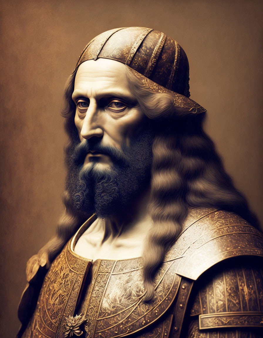 Portrait of Bearded Man in Historical Armor and Helmet